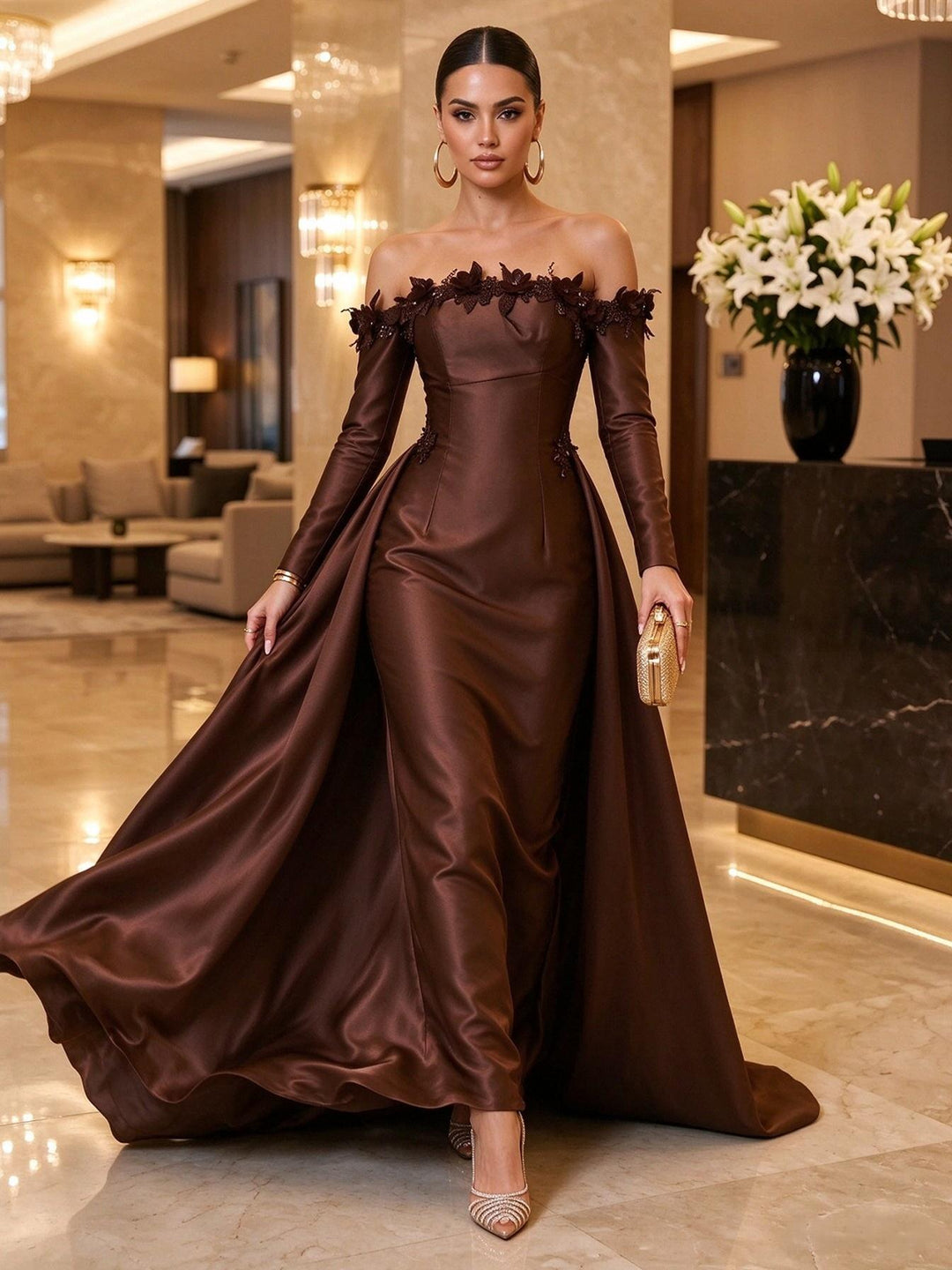 Satin Mermaid Off the Shoulder Floor Length Detachable Train Military Ball Dresses