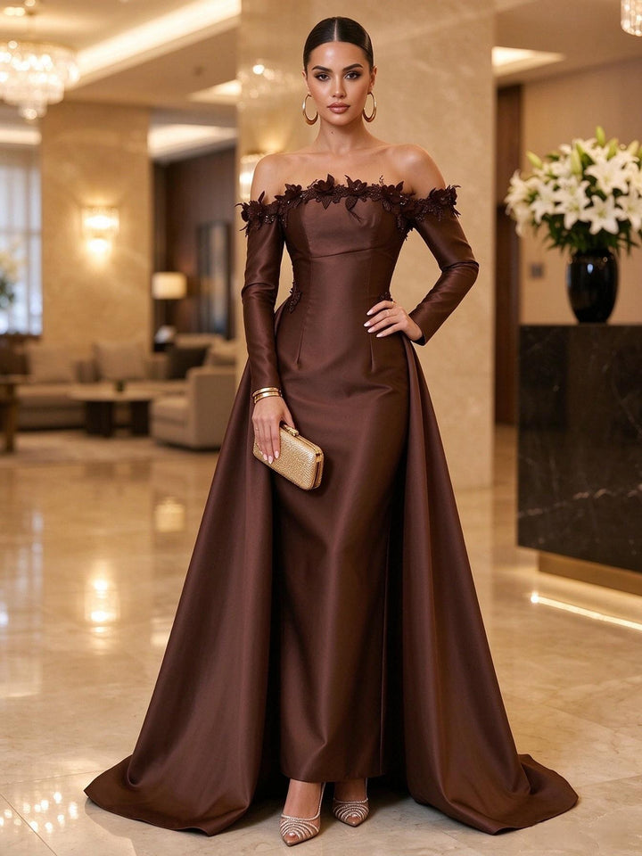 Satin Mermaid Off the Shoulder Floor Length Detachable Train Military Ball Dresses