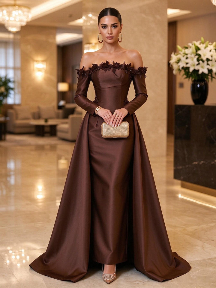 Satin Mermaid Off the Shoulder Floor Length Detachable Train Military Ball Dresses