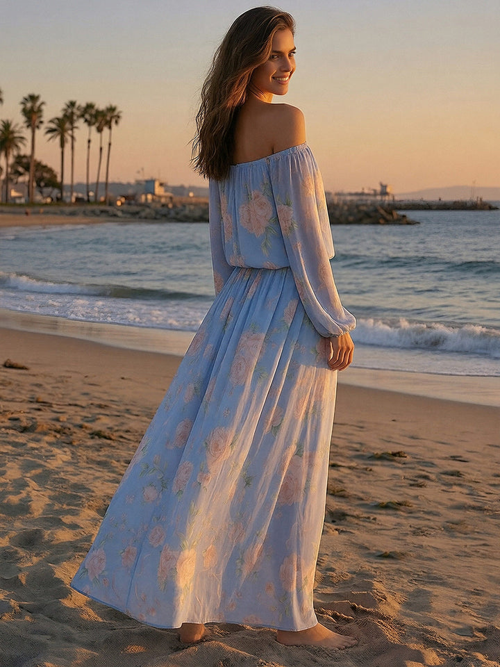 Floral Off the Shoulder A Line Chiffon Maxi Formal Dresses
