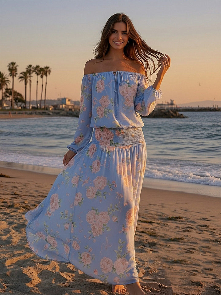 Floral Off the Shoulder A Line Chiffon Maxi Formal Dresses