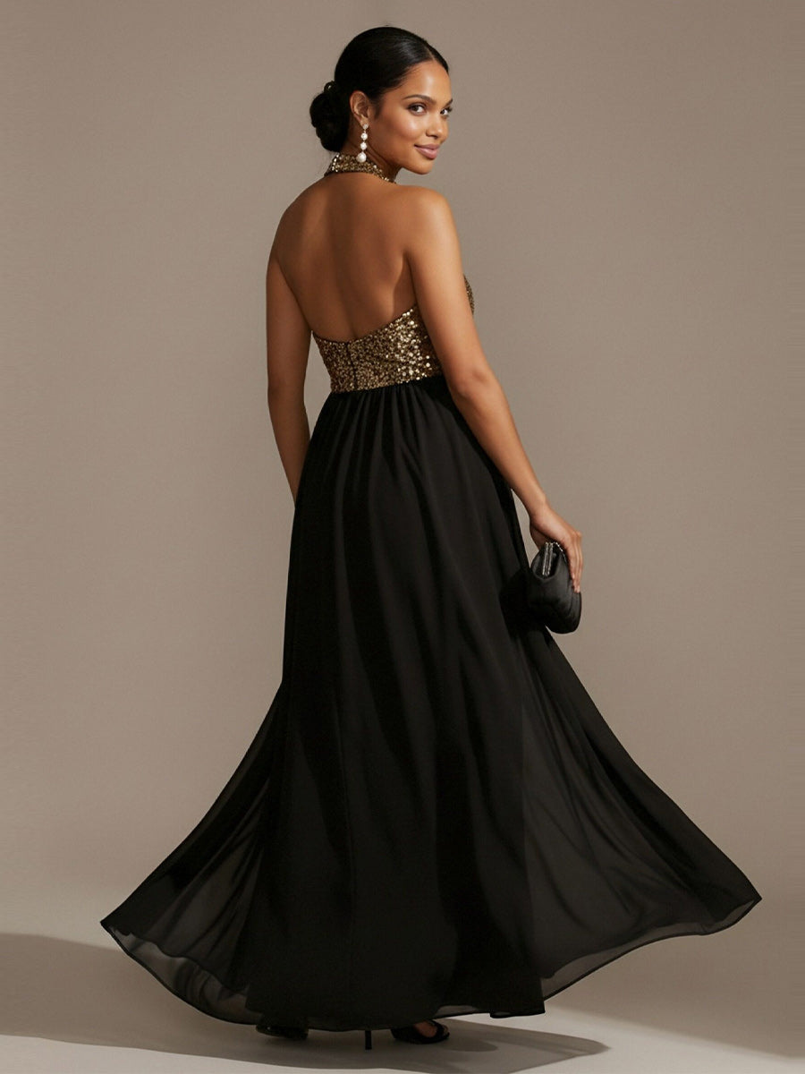 Halter Chiffon A Line Sequin Wedding Guest Dresses