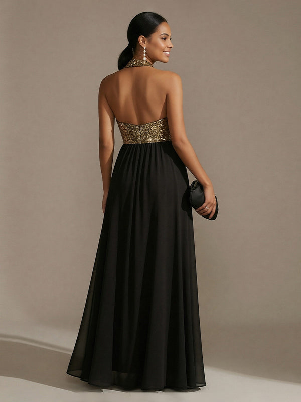 Halter Chiffon A Line Sequin Wedding Guest Dresses