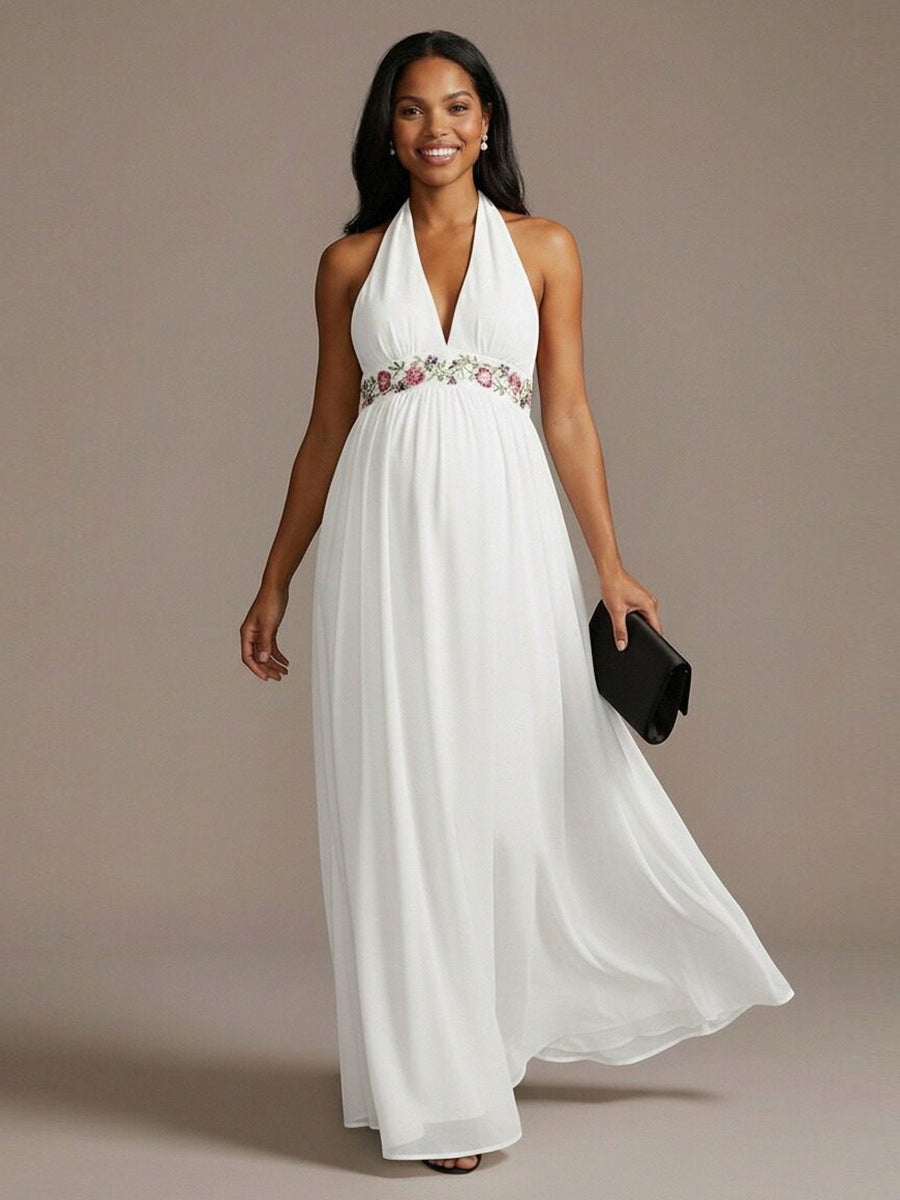 Halter Chiffon A Line Sequin Maxi Dresses with Floral