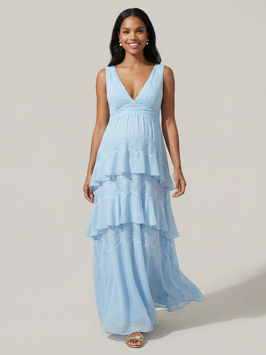 A Line V Neck Tiered Chiffon Sleeveless Wedding Guest  Dresses