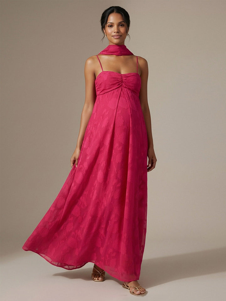 Chiffon A Line Spaghetti Straps Square Neck Maxi Dresses with Scarf