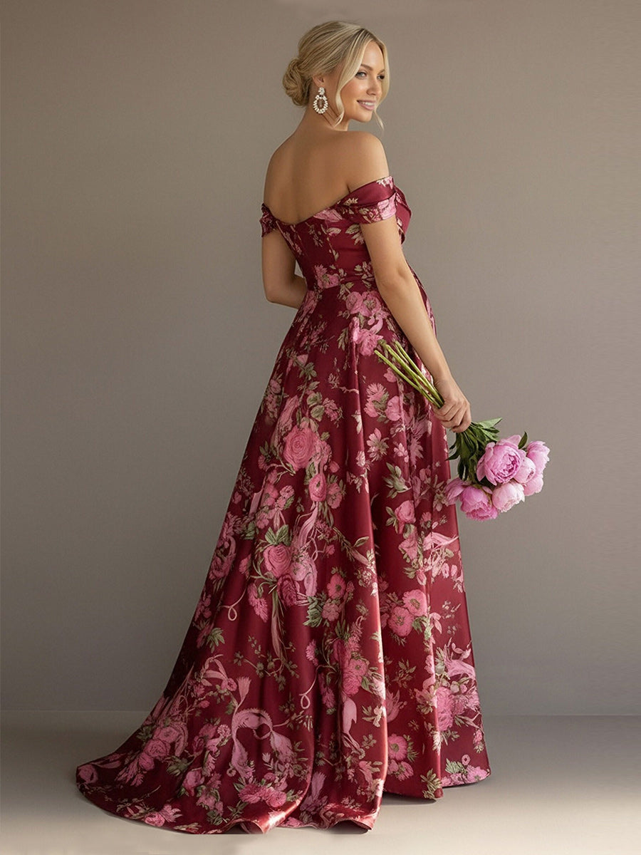 Floral Off the Shoulder Corset Pleated Maxi Dresses