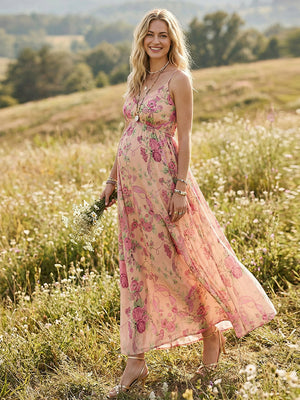 Floral V Neck Spaghetti Straps Maxi Dresses