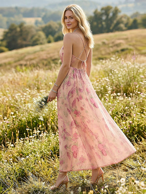 Floral V Neck Spaghetti Straps Maxi Dresses