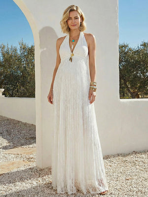 Halter V Neck A Line Pleats Maxi Dresses with Floral Formal