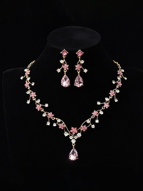 Tear Drop Elegant Beadings Cross 2 Pieces Chain Flower Crystal Earrings