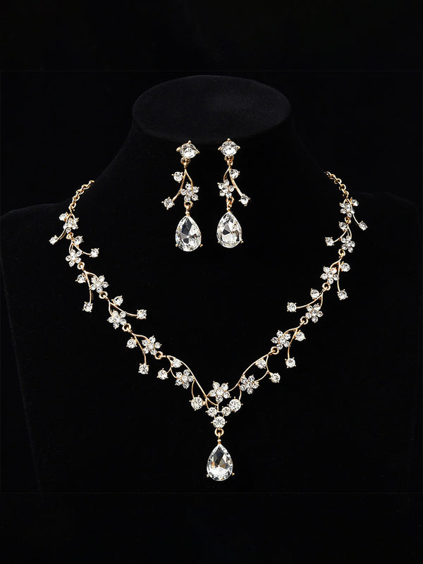 Tear Drop Elegant Beadings Cross 2 Pieces Chain Flower Crystal Earrings