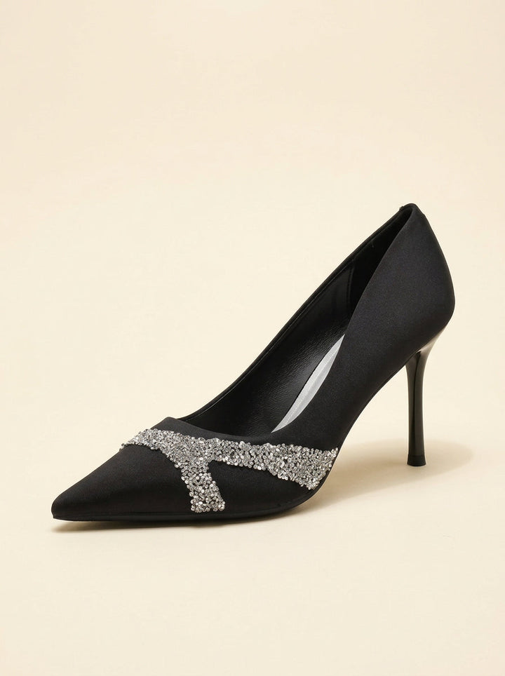 Satin Rhinestone Embellished Pointed Toe Stiletto Heel Pumps for Women