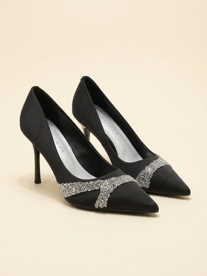 Satin Rhinestone Embellished Pointed Toe Stiletto Heel Pumps for Women