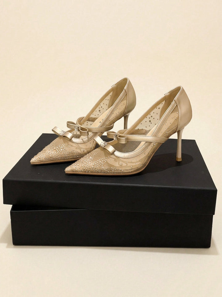 Mesh Rhinestone Bow Mary Jane Pointed Toe Stiletto Pumps