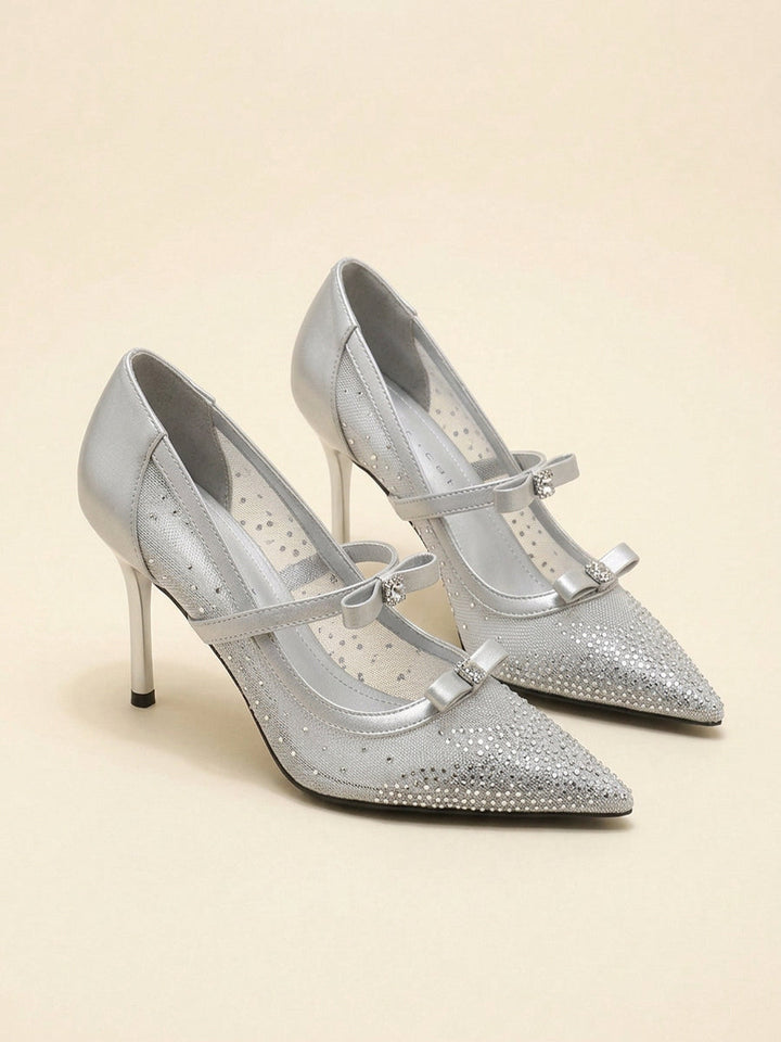 Mesh Rhinestone Bow Mary Jane Pointed Toe Stiletto Pumps