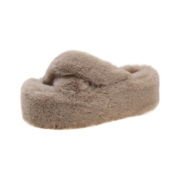 Fuzzy Slippers Cross Strap Platform Thick Sole For Women