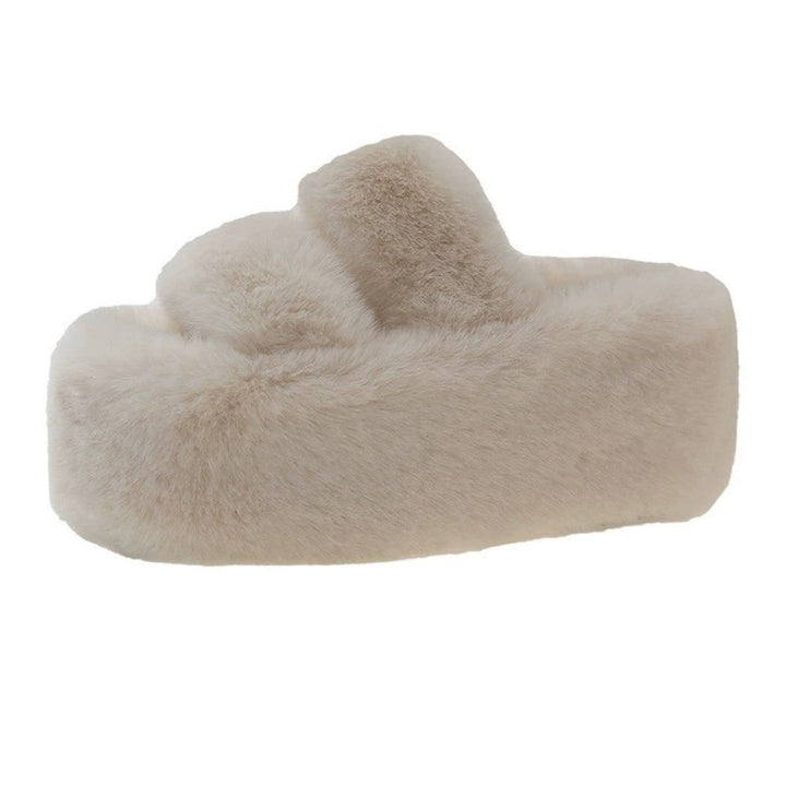 Fuzzy Slippers Women Double Band High Platform Sole