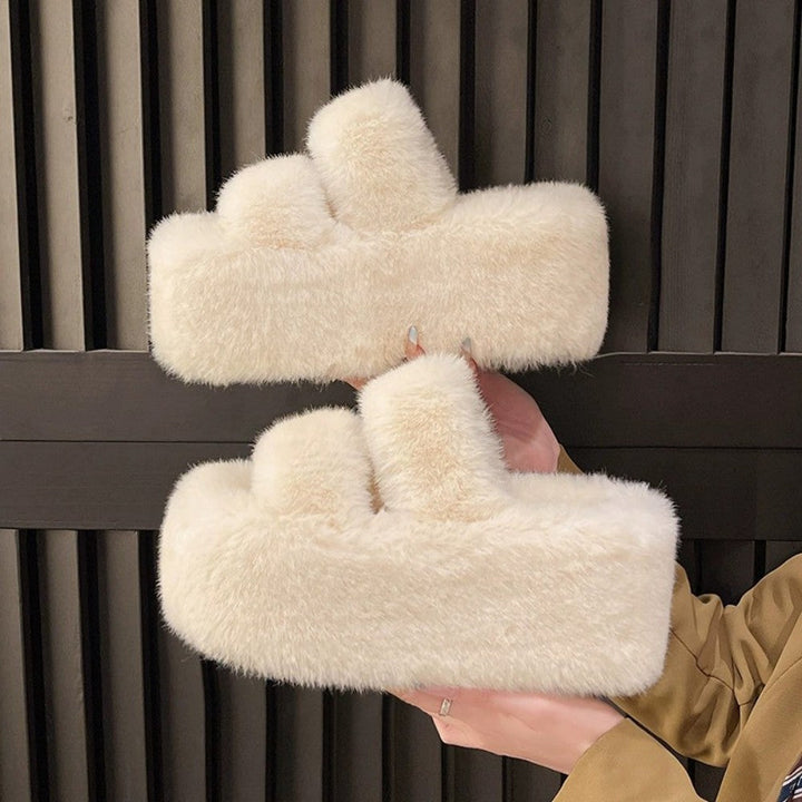 Fuzzy Slippers Women Double Band High Platform Sole