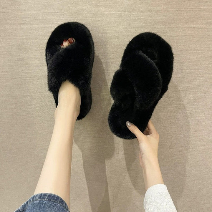 Fuzzy Slippers Women Cross Band Thick Sole