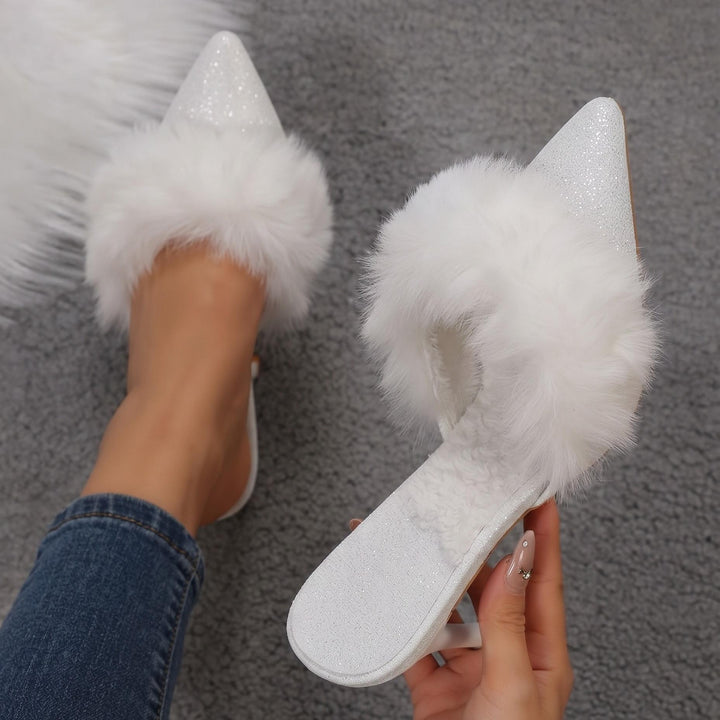 Fuzzy Slippers Women Pointed Toe Stiletto Heel Mules