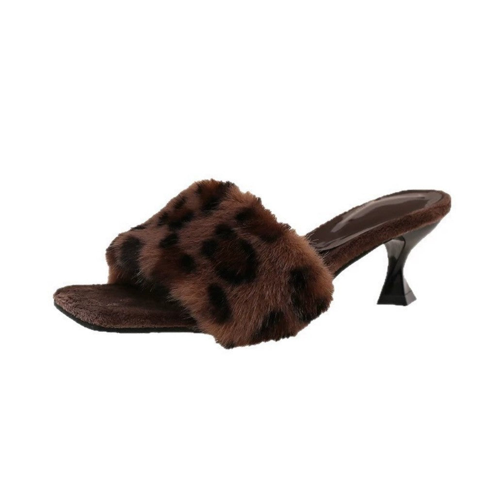 Fuzzy Slippers Women Leopard Square Toe Kitten Heel