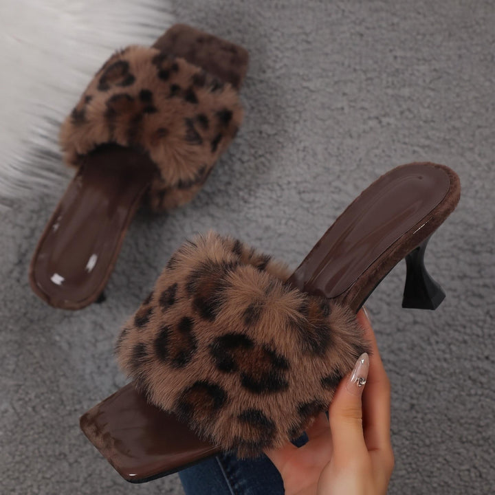 Fuzzy Slippers Women Leopard Square Toe Kitten Heel