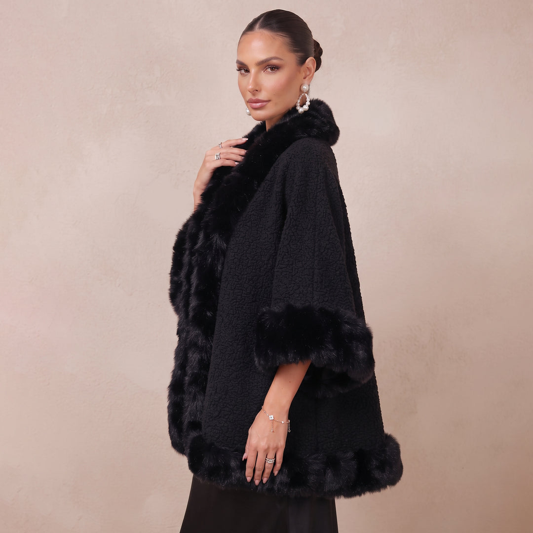 Teddy Fleece Shawl With Faux Fur Trim Bridal Wrap for Formal Party