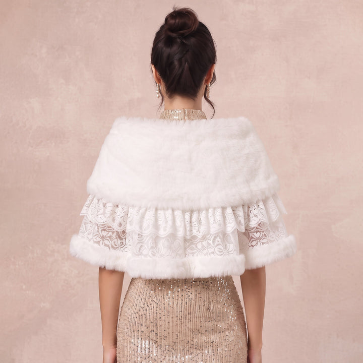 Faux Fur Bridal Shawl Tiered Lace Shoulder Wrap For Wedding Outfits