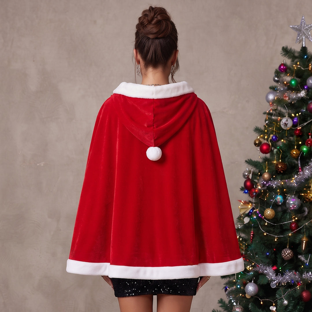 Velvet Hooded Cape With Faux Fur Trim Pom Pom Drawstring for Christmas Party