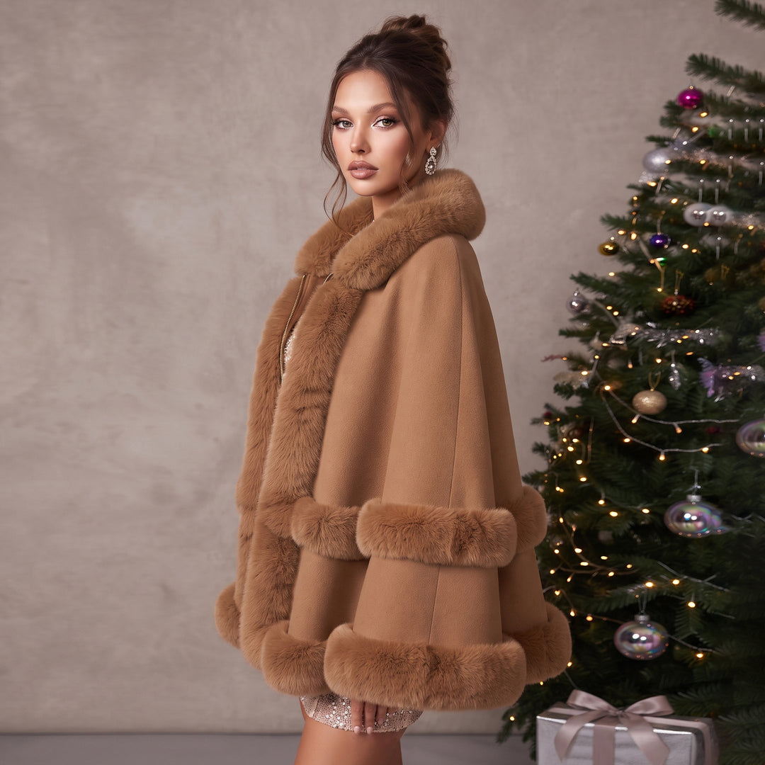 Wool Blend Cape with Faux Fur Trim Collar Bridal Wrap Stole