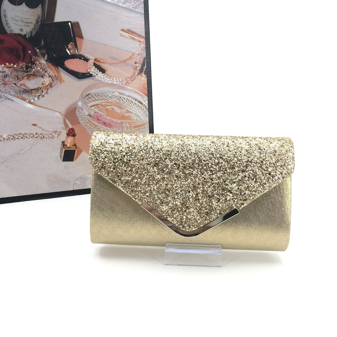 Sleek Satin Glitter Evening Clutch Bag with V-Shaped Trim