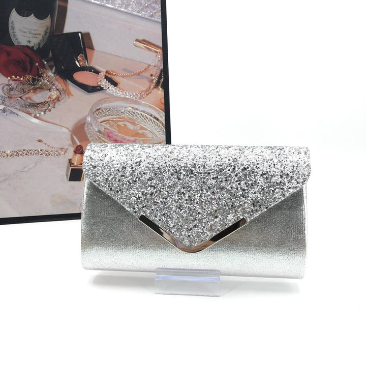 Sleek Satin Glitter Evening Clutch Bag with V-Shaped Trim