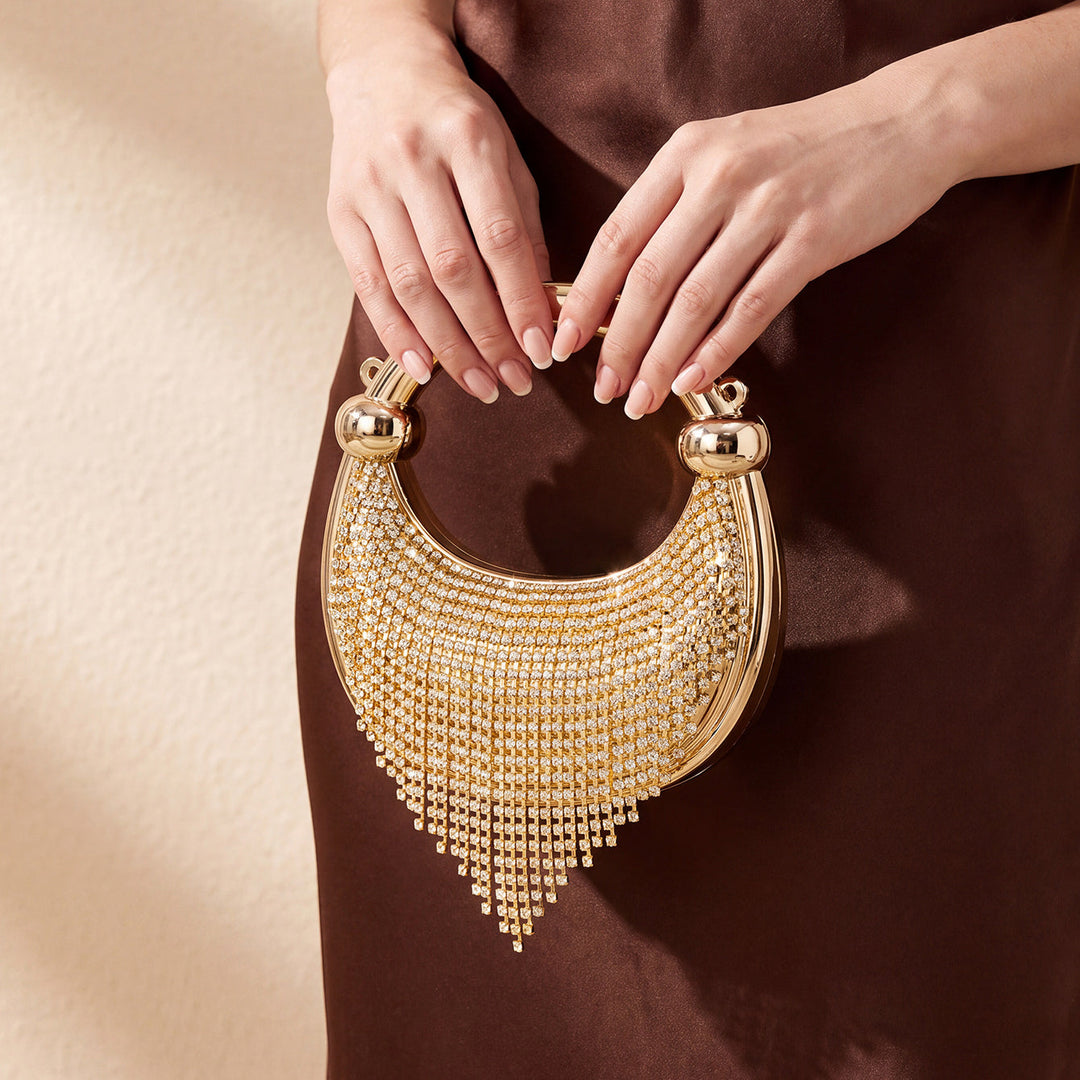 Rhinestone Fringe Evening Clutch Crystal Top Handle Handbag with Chain Strap