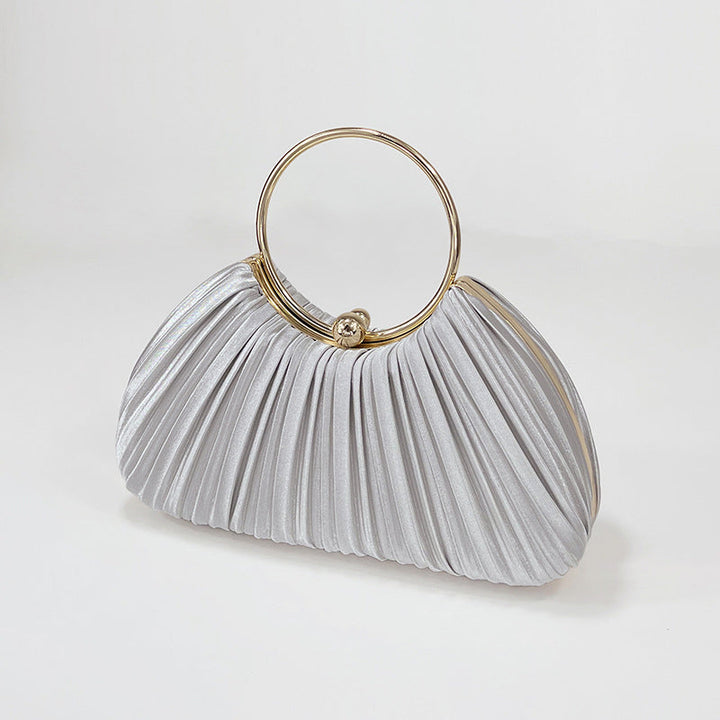 Ruched Shell Clutch Purse with Ball Clasp and Hoop Handle