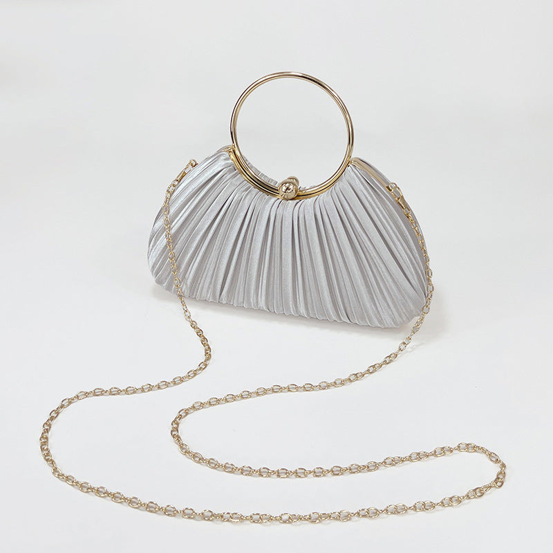 Ruched Shell Clutch Purse with Ball Clasp and Hoop Handle