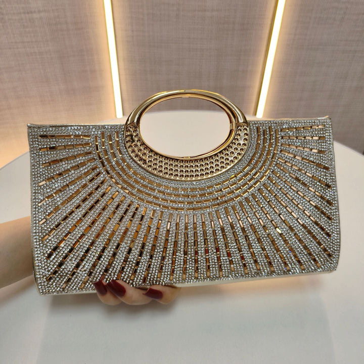 hinestone Sunburst Evening Clutch with Metal Ring Handle
