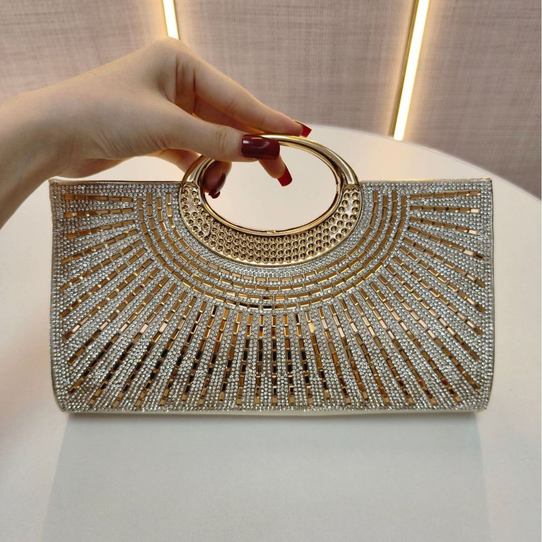 hinestone Sunburst Evening Clutch with Metal Ring Handle