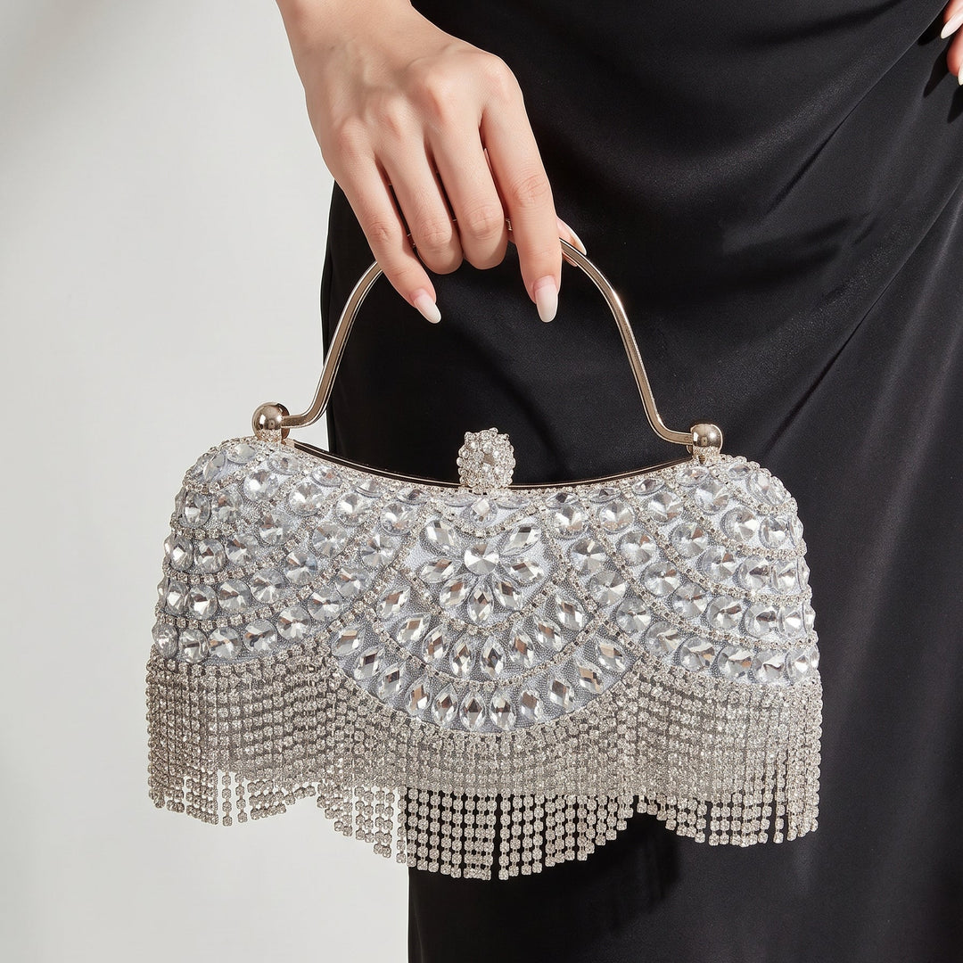 Luxury Rhinestone Tassel Evening Clutch with Metal Top Handle