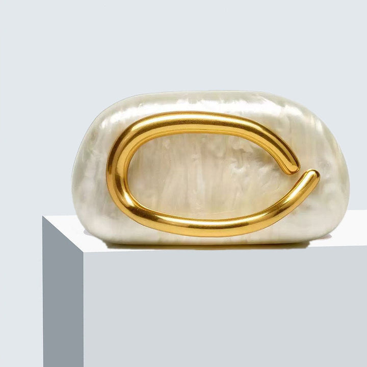 Pearlescent White Acrylic Clutch Bag with Gold Artistic Handle