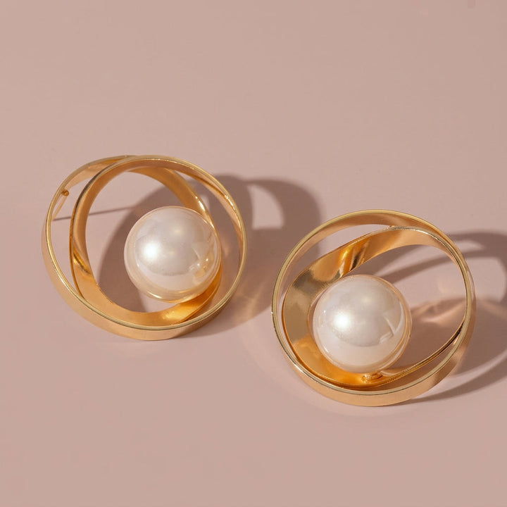 Swirl Gold Metal Ring Imitation Pearl Stud Earrings For Wedding Evening Party