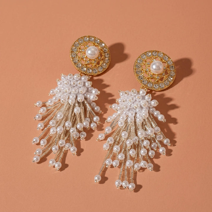 Gold Rhinestone Imitation Pearl Tassel Drop Earrings For Wedding Evening Party