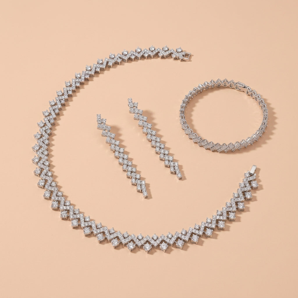 Silver Chevron Clear Rhinestone Jewelry Set For Wedding Evening Party