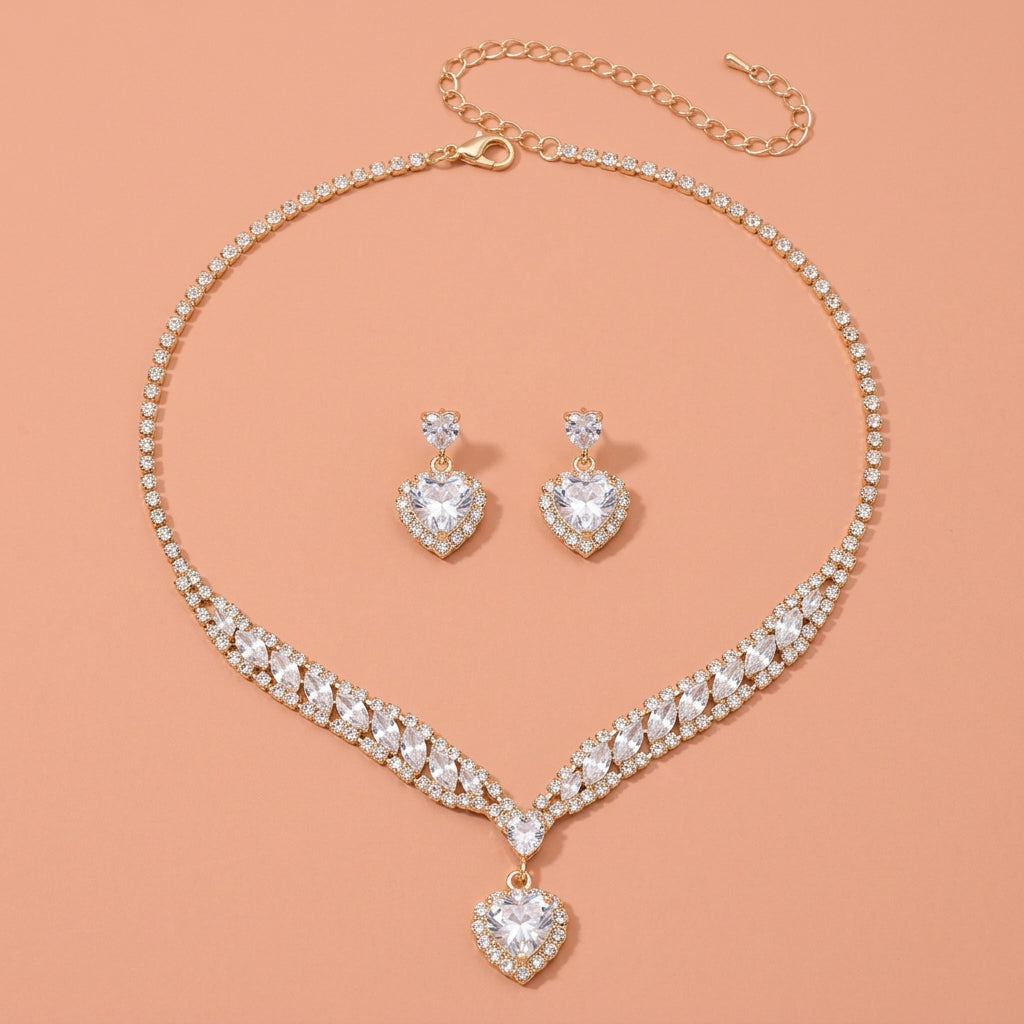 Silver Heart Clear Rhinestone Necklace Earrings Jewelry Set For Wedding/Formal/Evening Party