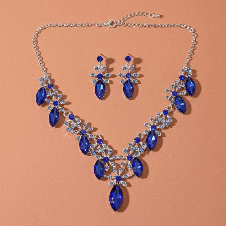 Silver Tone Marquise Blue Rhinestone Floral Necklace Earrings Jewelry Set For Wedding Evening Party