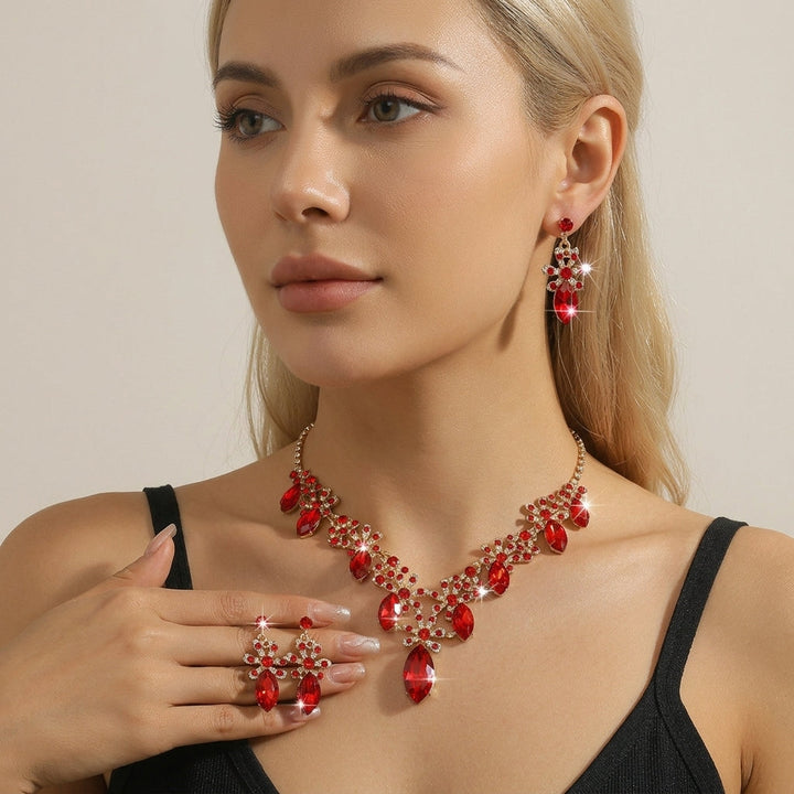 Gold Tone Marquise Red Rhinestone Floral Necklace Earrings Ring Jewelry Set For Wedding Evening Party