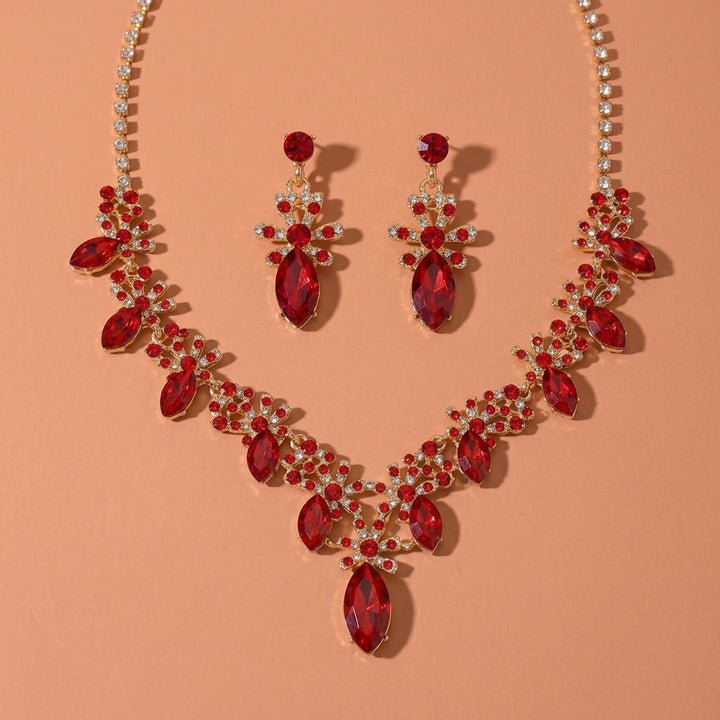 Gold Tone Marquise Red Rhinestone Floral Necklace Earrings Ring Jewelry Set For Wedding Evening Party