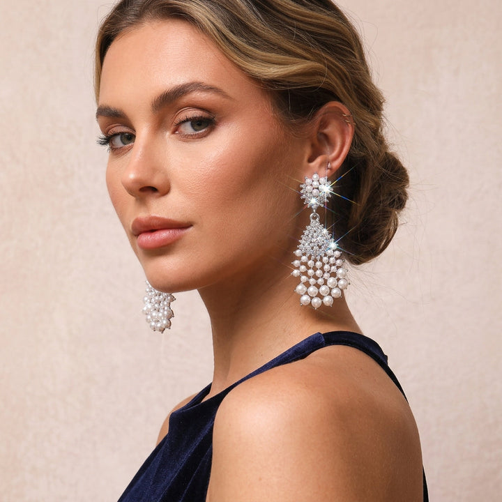 Silver Tone Marquise Rhinestone Pearl Tassel Drop Earrings For Wedding Evening Party
