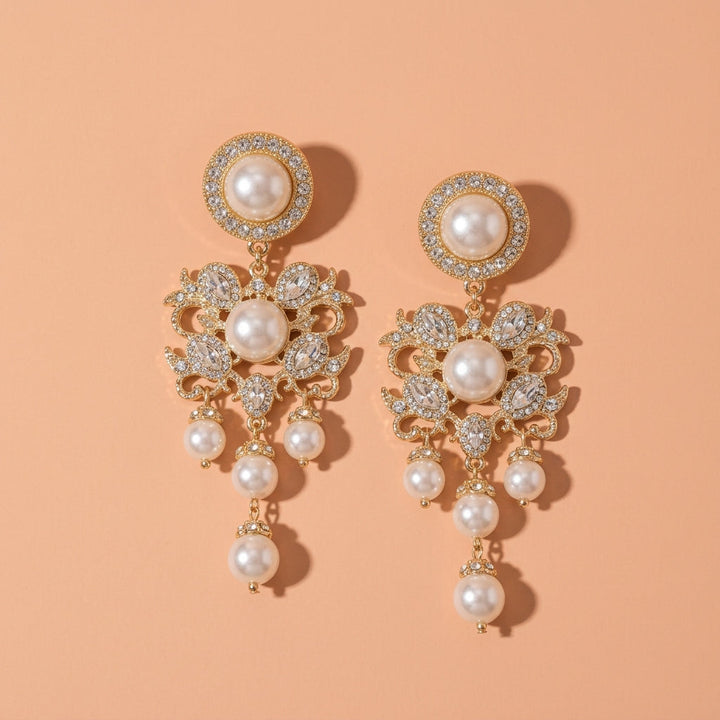 Gold Tone Vintage Ornate Pearl Rhinestone Tassel Drop Earrings For Wedding Evening Party