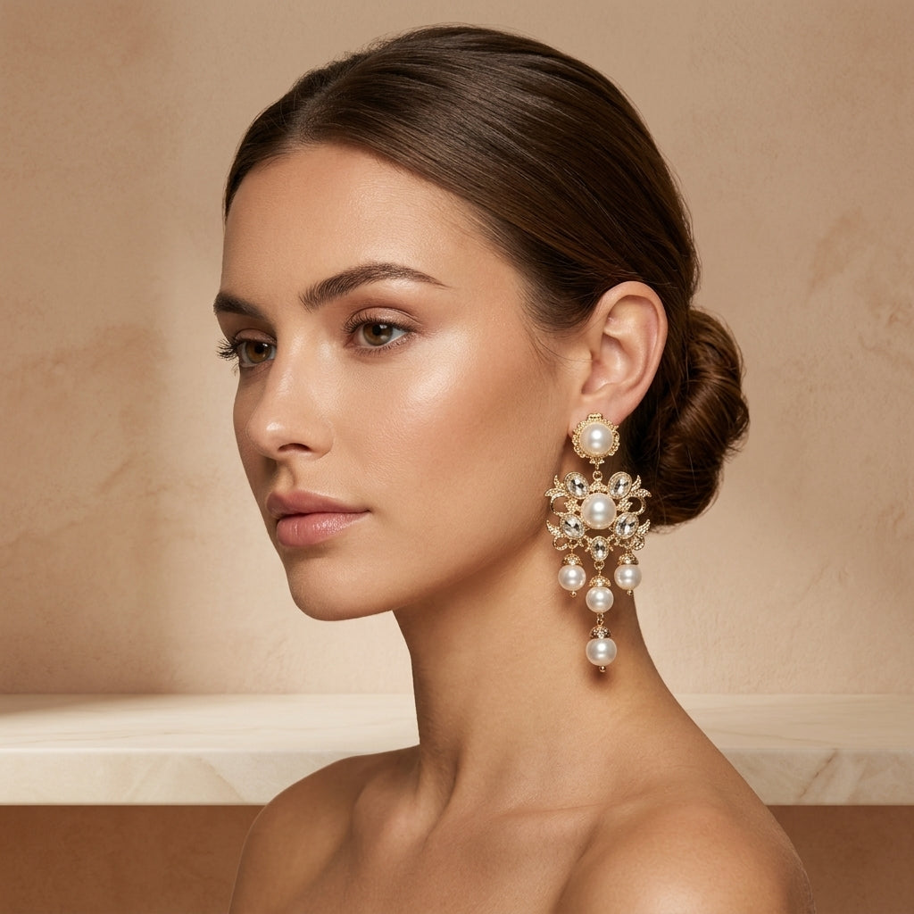 Gold Tone Vintage Ornate Pearl Rhinestone Tassel Drop Earrings For Wedding Evening Party